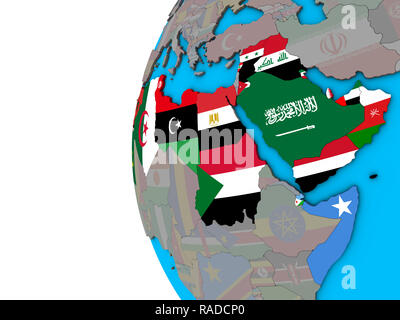 Arabische Liga mit nationalen Flaggen auf Blau politische 3D-Globus. 3D-Darstellung. Stockfoto