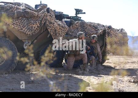 Us-Marines mit 2. Light Armored Reconnaissance Bataillon, 2d Marine Division (2d MARDIV), Sicherheit während einer Bereitstellung für Training (DFT), Fort Irwin, Calif., Jan. 21, 2017. DFT ist eine Übung zur Förderung der Kompetenz und Einsatzbereitschaft. Stockfoto