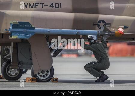 Ein Pilot führt eine pre-check auf der F-5N Tiger II an Bord der Marine Corps Air Station Beaufort, 31.01.26. Marine Fighter Training Squadron 401 arbeitete mit Marine Aviation Waffen und Taktiken Squadron One die Marine Division Taktik Kurs an der Air Station zu leiten. VMFT-401, sofern der Gegner, während die MAWTS-1 Kursleiter Piloten gelehrt und bewertet MCAS Beaufort F/A-18 Piloten während des Kurses. Der Pilot ist ein Fluglehrer mit VMFT-401. Beide VMFT-401 und MAWTS-1 sind an Bord MCAS Yuma stationiert, Ariz. Stockfoto