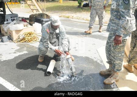 Spc. Bonnell, Andrew, eine Wasseraufbereitung Spezialist der seiner 610 Quartal Master Wasserversorger, reinigt der Filter für eine Umkehrosmose Wasseraufbereitung (ROWPU) an der Susan Santana Ocasio Park, Altona Lagune, auf St. Croix während der jährlichen Schulung, 1. Februar 2017. Die Soldaten waren die Vorbereitung für den Betrieb Wachsam 17 Übung, die in den nächsten Monaten sein. Stockfoto