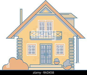 Brick gemütliches Ferienhaus Haus mit Balkon, Dachboden, Büsche und großen Fenstern. Vector Illustration EPS 10-Datei. Stock Vektor