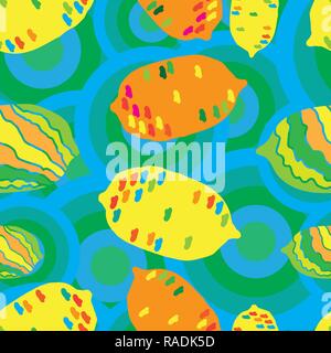 60 Lemons-Fruit's Delight nahtlose Repeat Pattern Abbildung. Hintergrund in Gelb Orange Rot Blau und Grün. Retro Muster Hintergrund. Oberfläche pattern Design, perfekt für Gewebe, Scrapbook, Tapeten. Stock Vektor