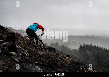 Ein Mountainbike sendet Schlamm Spritzen in die Luft, eine Spur an einem regnerischen Winter in South Wales. Stockfoto