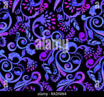 Blaue Blumen Muster auf schwarzem Hintergrund. Hand Made Aquarell nahtlose Textur für Kleidung, Stoff Stockfoto