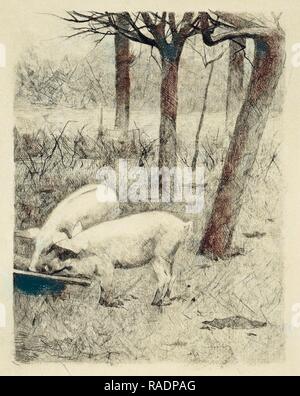 Zwei Schweine in einem Trog, Willem Witsen, 1870 - 192. Neuerfundene durch Gibon. Klassische Kunst mit einem modernen Touch neuerfundene Stockfoto