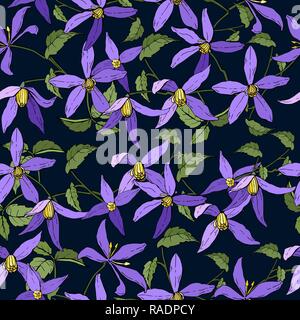 Bunte helle Hand gezeichnet nahtlose Muster mit Clematis Garten Blumen auf einem blauen Hintergrund. Vector Illustration Stock Vektor