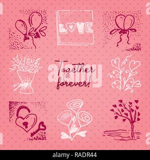 Valentines Tag Karte oder Einladung whit Motivation Text für immer zusammen. Hochzeit Konzept Grußkarte, Poster, Banner, design Element. Liebe pink zurück Stock Vektor