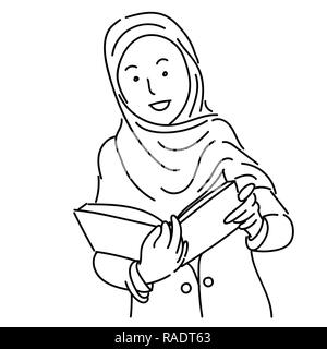 Muslimische Frauen tragen Kopftuch holding Buch, Cartoon einfache Linie Stil, Hand für die Bereiche Bildung und Business Konzept erarbeitet - Vector Illustration Stock Vektor