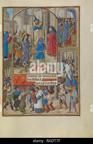 Christus vor Kaiphas, der Meister der Dresdener Gebetbuch (Flämisch, aktiv um 1480 - 1515), Brügge, Belgien, über Neuerfundene Stockfoto