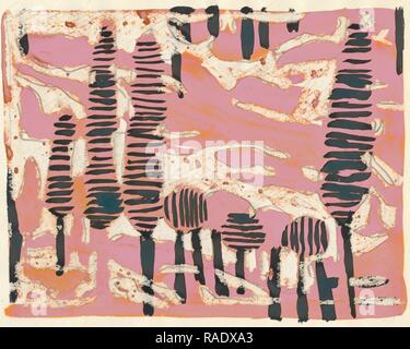 Tania Lam, expressionistische Landschaft mit Bäumen und rosa Himmel. Sie zeitgenössische Kunst die Tendenz zur Abstraktion. Malerei neuerfundene Stockfoto