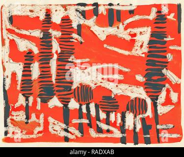 Tania Lam, expressionistische Landschaft mit Bäumen und Roter Himmel. Sie zeitgenössische Kunst die Tendenz zur Abstraktion. Malerei neuerfundene Stockfoto