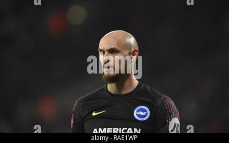 David Button in Brighton beim Premier League Spiel zwischen West Ham United und Brighton & Hove Albion auf dem Londoner Stadion. 02. Januar 2019 Foto nur von Simon Dack redaktionelle Nutzung berücksichtigt. Kein Merchandising. Für Fußball Bilder FA und Premier League Einschränkungen Inc. kein Internet/Mobile Nutzung ohne fapl Lizenz - für Details Kontakt Fußball Dataco Stockfoto