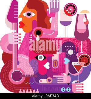 Konzert- und Cocktail Party moderne Kunst vector Abbildung auf einem weißen Hintergrund. Ein paar Cocktails trinken und eine Frau ist Gitarre spielen Stock Vektor