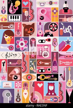 Rock konzert Pop Art Poster Design. Musik Festival Vector Illustration mit vielen verschiedenen Bildern. Stock Vektor