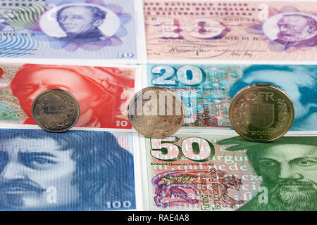 Schweizer Franken Münzen auf dem Hintergrund von Banknoten Stockfoto