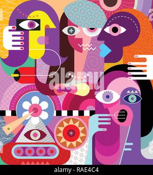 Moderne Grafik vier Frauen im Restaurant. Gruppe von fremden Menschen Vector Illustration. Stock Vektor