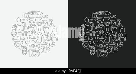Zwei Möglichkeiten der Zootiere, runde Form Vector Illustration. Dunkelgrau Umrisse Symbole isoliert auf weißem Hintergrund und weißer Umriss Symbole auf isolierte Stock Vektor