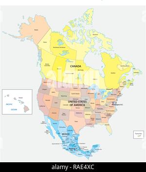 Administrative und politische Vektorkarte der drei nordamerikanischen Staaten, Mexiko, Kanada und den Vereinigten Staaten von Amerika Stock Vektor