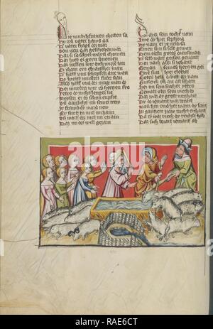 Mose Fahrt entfernt die Hirten an der Gut in Midian, Regensburg, Bayern, Deutschland, ca. 1400 - 1410, Tempera neuerfundene Stockfoto