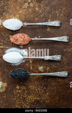Vier verschiedene Arten von Salz. Von oben: Meer Salz Flocken, Himalaya Pink salt, Kochen Salz, schwarzem Salz (Aktivkohle Salz). Stockfoto