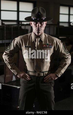 Gunnery Sgt. Vitali Kholodov ist das Marine Corps' 2016 drill instructor des Jahres. Kholodov abgeschlossen drei Trainings Zyklen rekrutieren Als drill instructor und zwei mehr als Senior drill instructor vor als Wasser überleben Kursleiter dienen. Der nächste Schritt für Kholodov wird ihn der Ausbildung von Rekruten zu Ausbildung Marines als Ausbilder an Drill Instructor Schule statt. Stockfoto