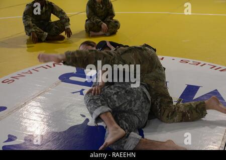 U.S. Army Staff Sgt. Maria Acuma und Sgt. Joe Primeau, sowohl den Alliierten Streitkräften Norden Bataillon zugeordnet, und erläutern Sie die 'Side' Übung während der Taktischen kämpferisch Level II-Ausbildung in der Activity Center Gebäude, auf chièvres Air Base, Belgien, Jan 26, 2017. Stockfoto