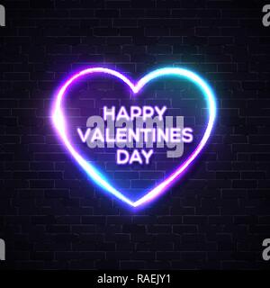 Happy Valentines Tag. Neonbuchstaben an Herzform leuchtenden Hintergrund. 80s Retro banner Vorlage. Night Club elektrisches Licht Namensschild. Dunkle Wand. Party Einladung Plakat flyer Vector Illustration Stock Vektor