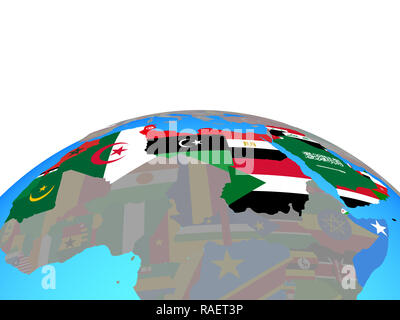 Arabische Liga mit nationalen Flaggen auf die politische Welt. 3D-Darstellung. Stockfoto