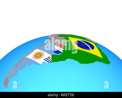 Mitglieder des Mercosur mit nationalen Flaggen auf die politische Welt. 3D-Darstellung. Stockfoto