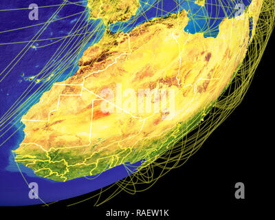Maghreb aus dem Weltraum auf dem Planeten Erde mit Ländergrenzen und internationale Verbindungen, Reise, Kommunikation. 3D-Darstellung. Elem Stockfoto