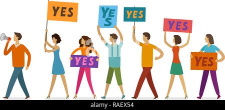 Masse der Leute mit Banner und Poster zu Fuß auf öffentliche Manifestation. Demonstration, Rechte, Parade Vector Illustration Stock Vektor