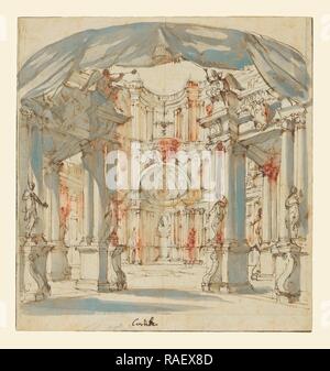 Der Innenhof eines Palastes: Projekt für eine Bühne, Filippo Juvarra (Italienisch, 1678-1736), 1713, Stift und Tinte braun, grau Neuerfundene Stockfoto