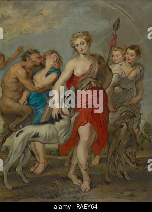 Diana und ihre Nymphen auf der Jagd, in der Werkstatt von Peter Paul Rubens (Flämisch, 1577-1640), 1627-1628, Öl auf Leinwand neuerfundene Stockfoto