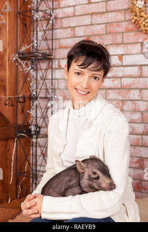 Kleine schwarze Schweinchen in die Hände der überrascht, attraktive junge weibliche Modell. Portrait von glückliche Frau an Kamera suchen mit Schlaf mini Schwein in die Hände über Mauer. Das chinesische Neujahr Symbol Stockfoto