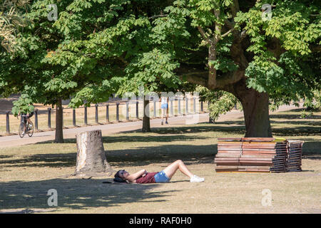 Als Wetter prognostizieren Experten eine heiße Woche vor Londonern und Touristen den Sonnenschein im Hyde Park Stockfoto