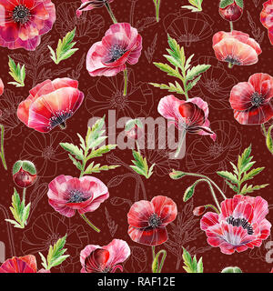 Eine nahtlose Muster bestehend aus Mohn Blumen, Hand in Aquarell gezeichnet. Realistische Malerei. Design für Tapeten, Textilien oder Geschenkpapier. Stockfoto
