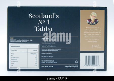 Largs, Schottland, Großbritannien - 02 Januar, 2018: Frau Tilly's branded Box von Tablet in wiederverwertbaren Verpackung in Übereinstimmung mit den aktuellen UK Richtlinien und Initiativen. Stockfoto