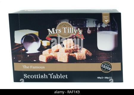 Largs, Schottland, Großbritannien - 02 Januar, 2018: Frau Tilly's branded Box von Tablet in wiederverwertbaren Verpackung in Übereinstimmung mit den aktuellen UK Richtlinien und Initiativen. Stockfoto