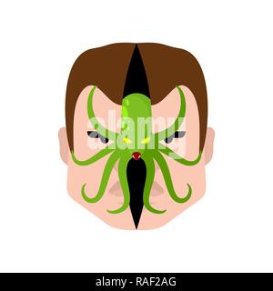 Parasiten in den Kopf. Schädlingsbekämpfung mit Tentakeln im Kopf. Schneiden Sie die Haut von Gesicht. Böses Alter Ego Stock Vektor
