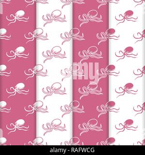 Satz 4 Vector nahtlose Muster mit Kraken. Meer Einwohner. Tiere unter Wasser. Design für die Verpackung, Stoff, marine Hintergrund drucken. Stock Vektor