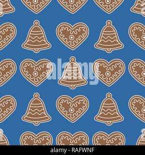 Nahtlose Muster mit Lebkuchen Glocken und Herzen. Urlaub Hintergrund. Design für Banner, Poster-, Textil-, drucken. Stock Vektor