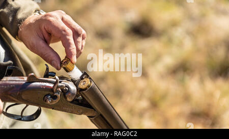 Hunter rüstet die retro doppelläufige Schrotflinte mit Patronen, hautnah. Outdoor Sport. Stockfoto