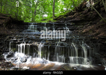 Kaskaden auf dem Fluss shoy mit einer langen Belichtungszeit. Wald nass Stimmung in Estland. Stockfoto