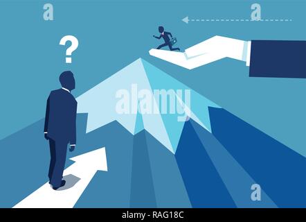 Vektor Design der Geschäftsmann mit Fragezeichen an Gegner erreichen Mountain Top mit Autorität Hilfe suchen Stock Vektor