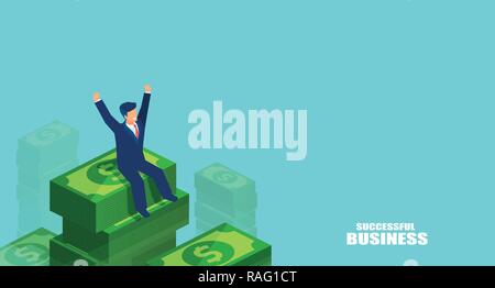 Grafische Gestaltung von Geschäftsmann in isometrischer Stil sitzen auf hohen Stapel von Dollar feiern Sieg auf blauem Hintergrund Stock Vektor