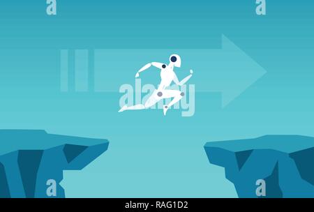 Künstliche Intelligenz und zukünftige technische Konzept. Vektor eines Roboters springen über Lücke als Symbol für die Überwindung der Herausforderungen. Stock Vektor