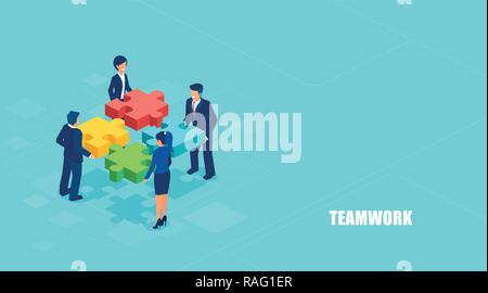 Teamwork Konzept Banner. Isometrische Vektor der Geschäftsleute, ein Problem zu lösen, im Team auf blauem Hintergrund isoliert. Stock Vektor