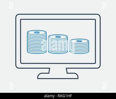 On-line-Währung Symbol Leitung auf grauem Hintergrund. Münze Symbol auf dem Monitor. Stock Vektor