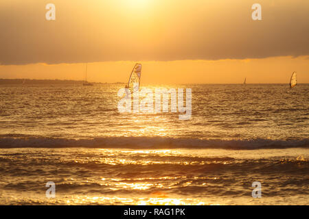 TALLINN, Estland - August, 10, 2017: sportman Windsurfer auf dem Meer gegen Sonnenuntergang orange sky Stockfoto