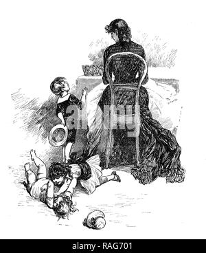 Friedliche Szene in der Familie: zwei Mädchen kämpfen brutal auf den Boden und ein Junge etwas am unbeirrt Mutter nähen am Tisch Stockfoto